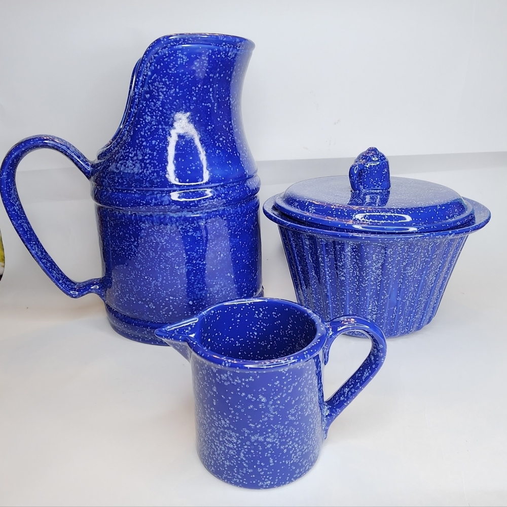 Blue Speckled Pottery Pitcher, Pot And Cup 3Pc